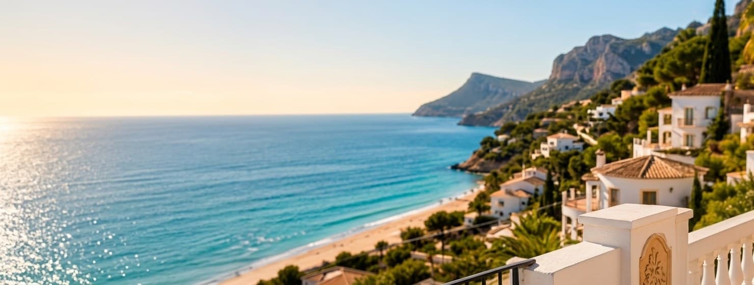 Uitzicht vanaf een villaterras over de kustlijn van de Costa Blanca